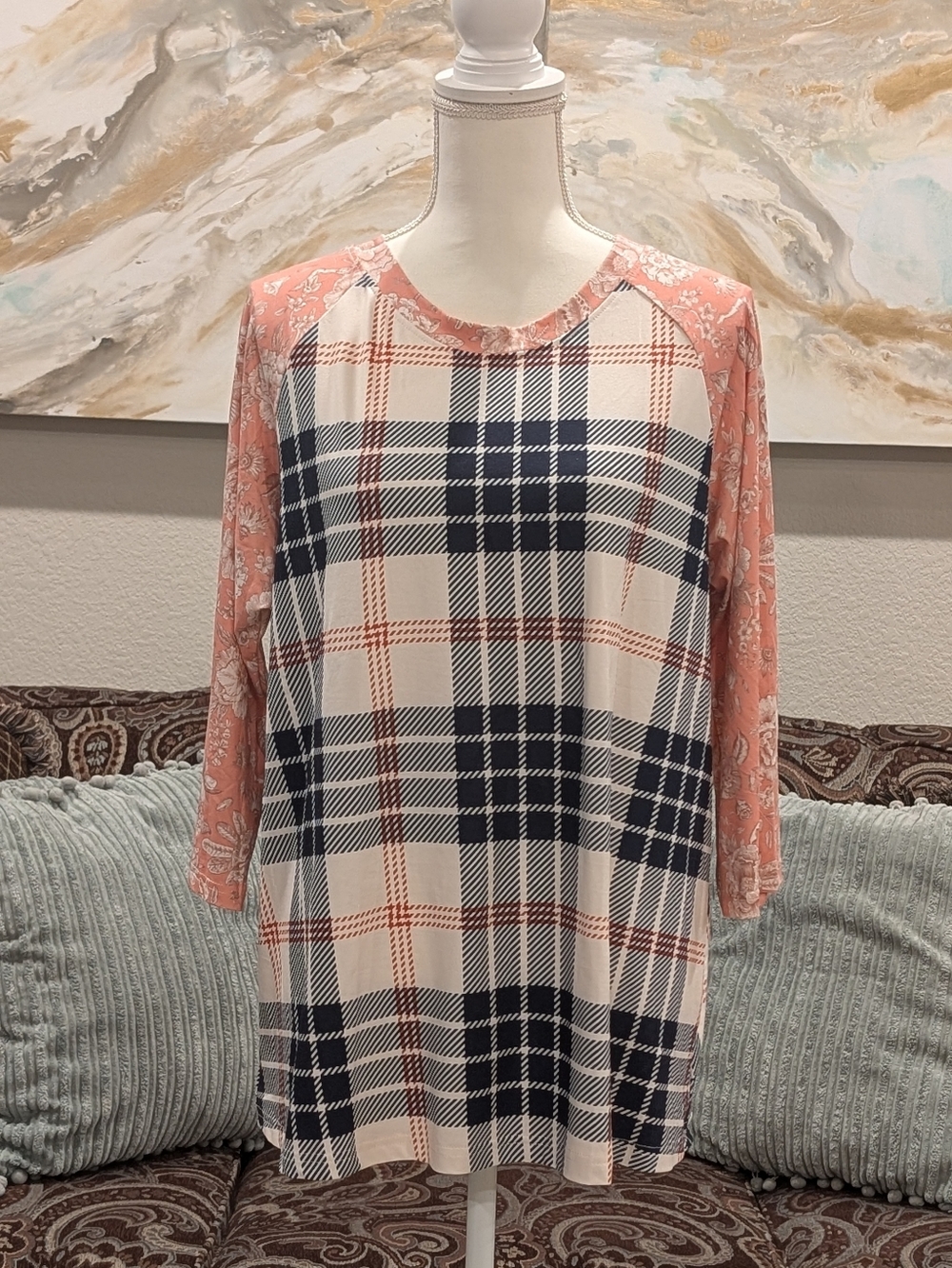 Plaid Print and Peach Floral Raglan Top